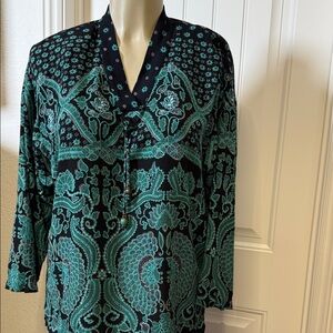 Carole‎ Little Saint-Tropez West German Rayon Blouse Sz 10 – Teal Black, Vintage